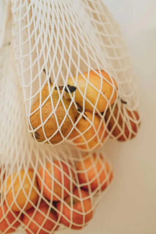 a mesh bag filled with apples sitting on top of a table, unsplash, net art, pears, hanging from white web, profile image, soft vinyl