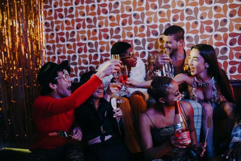 a group of people toasting at a party, a portrait, pexels, maximalism, sitting in a lounge, promotional image, ashteroth, lesbians