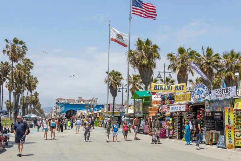 a group of people walking down a street next to palm trees, boardwalk, outdoor fairgrounds, the beach, corona