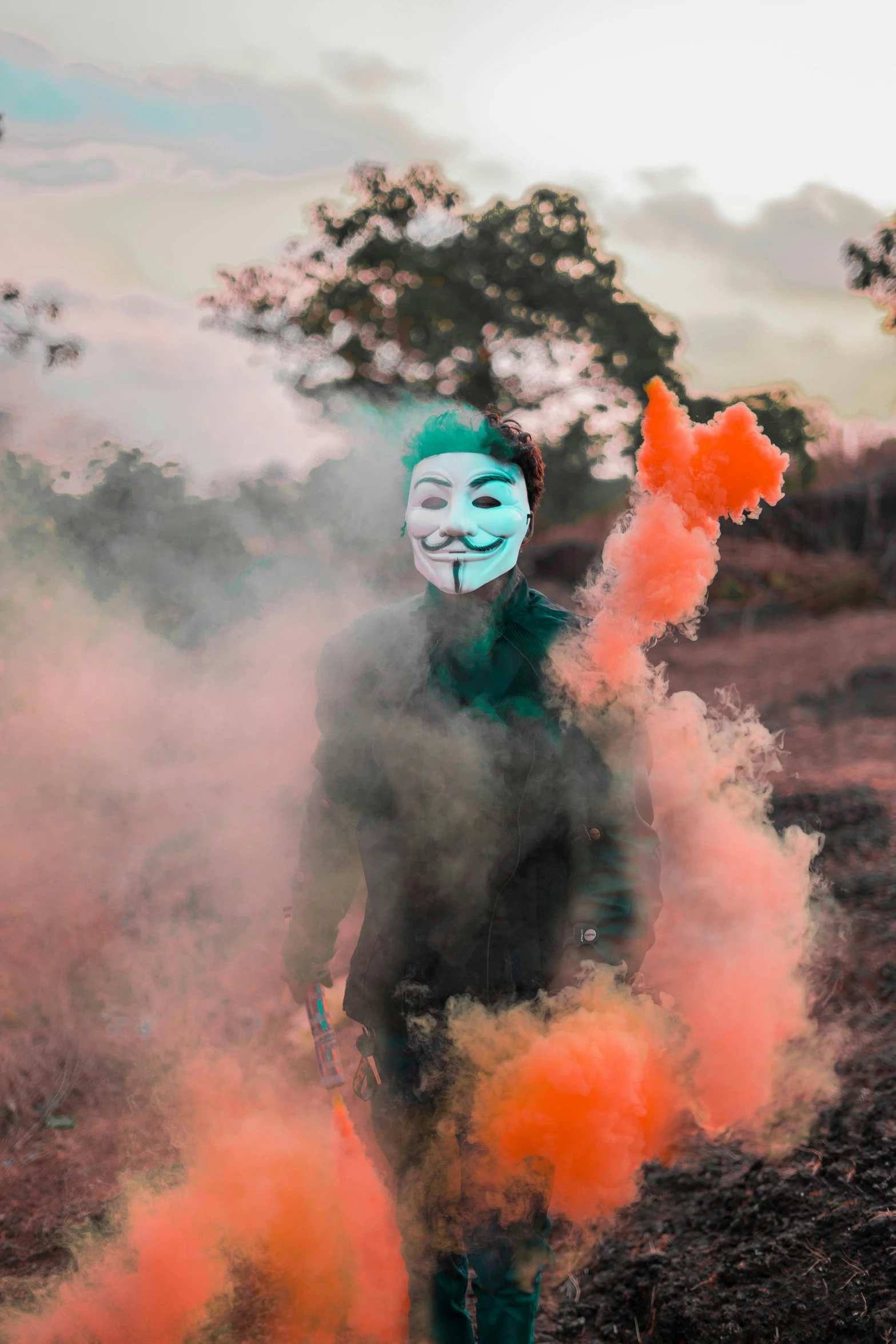 a man wearing a mask and holding an orange smoke bomb, a colorized photo, pexels contest winner, symbolism, green doom guy, crypto, avatar image, non-binary