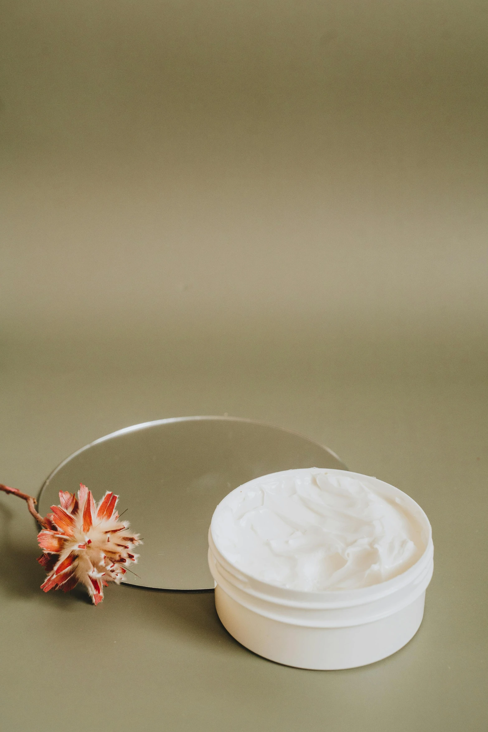 a jar of cream next to a flower, unsplash, art nouveau, detailed product image, full view blank background, face mask, silver，ivory