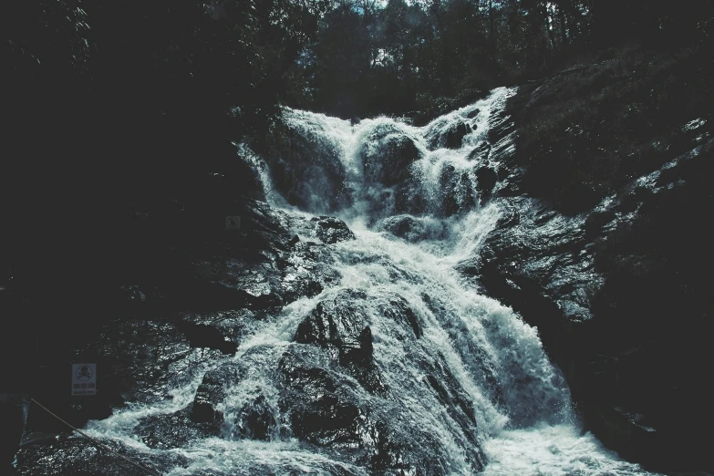 a black and white photo of a waterfall, an album cover, unsplash, hurufiyya, teal aesthetic, grunge aesthetic, river in the wood, chemistry