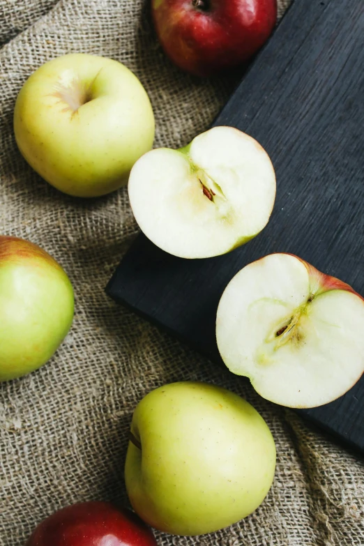 a bunch of apples sitting on top of a table, flat lay, slide show, sandy green, vanilla