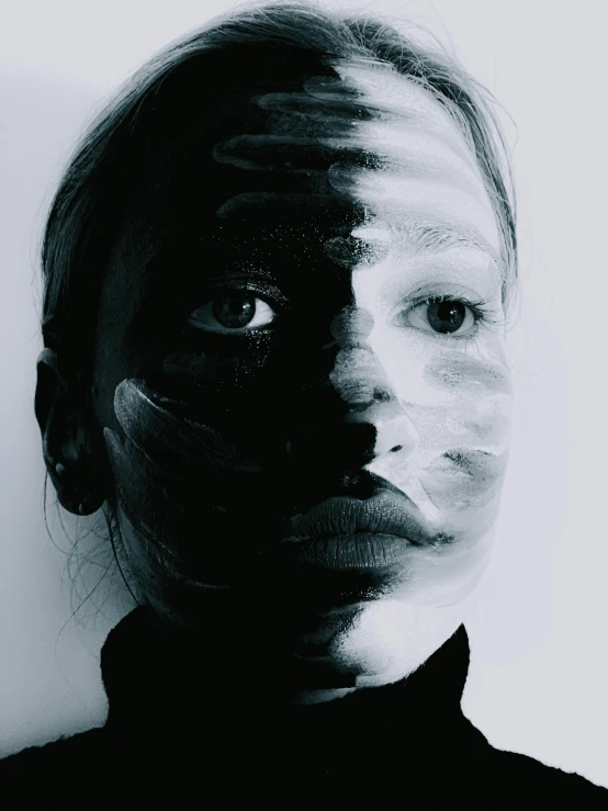 a black and white photo of a woman's face, a black and white photo, inspired by Anna Füssli, the mask covers her entire face, duality, ilustration, instagram photo