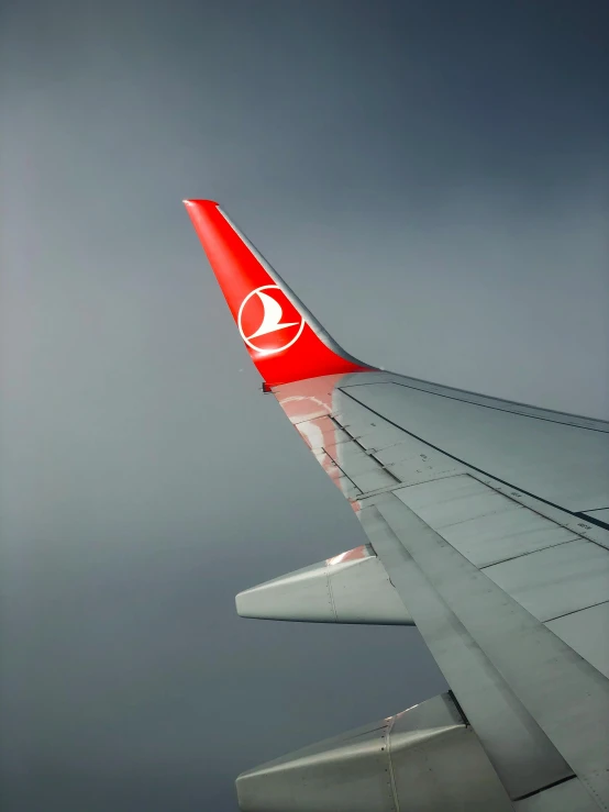 a large jetliner flying through a cloudy sky, by Daniel Taylor, pexels contest winner, arabesque, turkey, tail fin, silver white red details, high angle close up shot