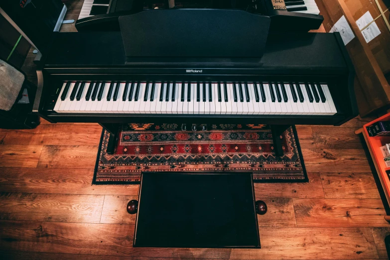 a piano sitting on top of a wooden floor, by Romain brook, unsplash, wide high angle view, thievery equipment, seen from below, 🎨🖌️