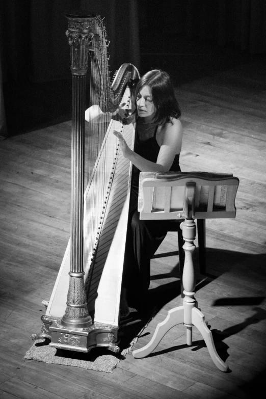 a black and white photo of a woman playing a harp, by Glennray Tutor, andrzej marszalek, live in concert, ✨🕌🌙