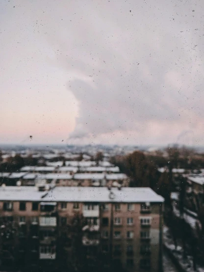 a view of a city from the top of a building, a picture, inspired by Elsa Bleda, pexels contest winner, visual art, pale as the first snow of winter, happy cozy feelings, soviet suburbs, ☁🌪🌙👩🏾