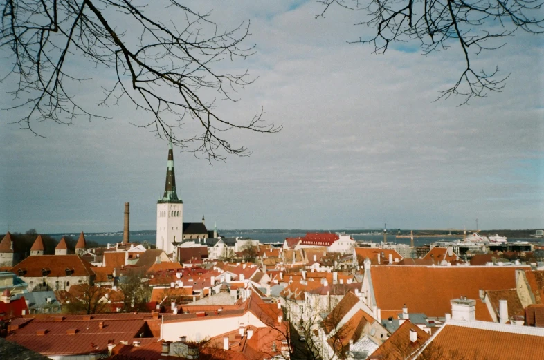 a view of a city from the top of a hill, unsplash contest winner, art nouveau, tallinn, 2000s photo, moomin, muted colors. ue 5