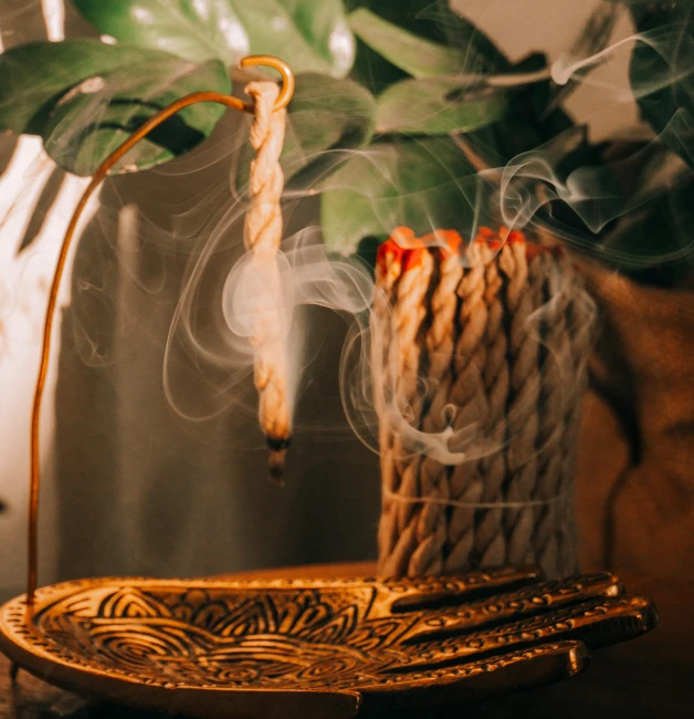 a close up of a plate with smoke coming out of it, trending on pexels, hurufiyya, rope, displayed on an altar, plant spirit, brown