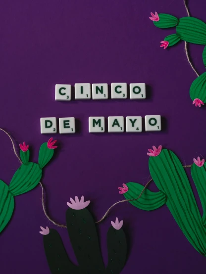 the word cinco de mayoo spelled with scrabbles on a purple background, by Carey Morris, pexels contest winner, ☁🌪🌙👩🏾, cactus, parade floats, monthly