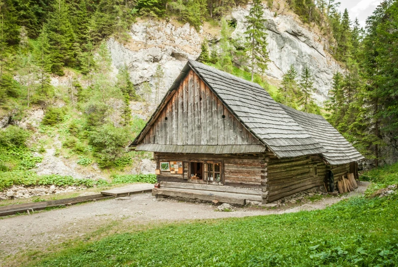 a small cabin sitting on top of a lush green hillside, by Franz Hegi, pexels contest winner, folk art, old shops, 1900s photo, slovenian, 2 5 6 x 2 5 6 pixels