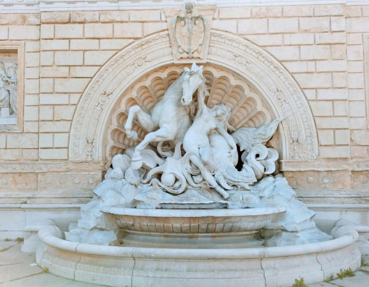 a close up of a fountain with horses on it, a marble sculpture, pexels contest winner, conversano, judy chicago, white sweeping arches, highly detailed stonework