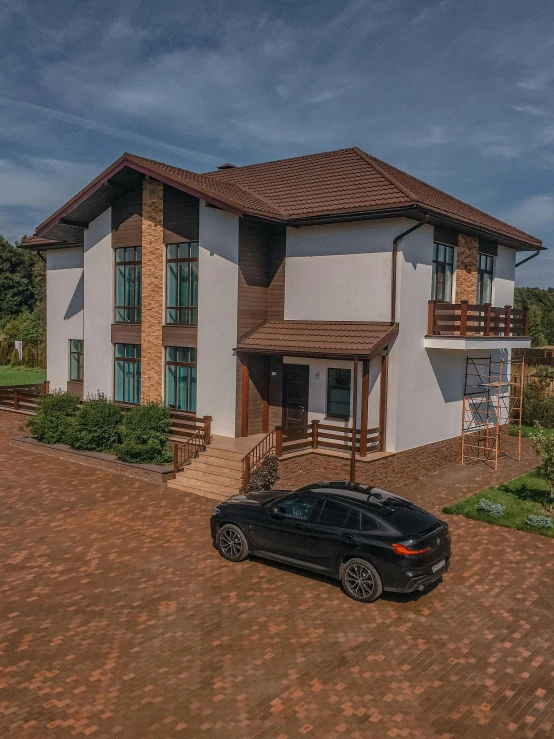 a black car parked in front of a house, by Ivan Grohar, highly detailed photo 4k, gigapixel maximum upscale, brown, thumbnail