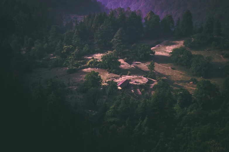 an aerial view of a valley surrounded by trees, unsplash contest winner, land art, huts, vintage color photo, purple, uttarakhand