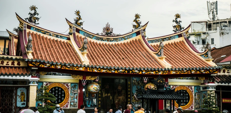 a group of people standing in front of a building, by Daniel Lieske, pexels contest winner, cloisonnism, chinese temple, roof with vegetation, avatar image, square