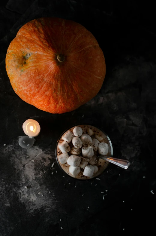 a bowl of marshmallows next to an orange, vanitas, ignant, spooky lighting, spoon placed, high-resolution