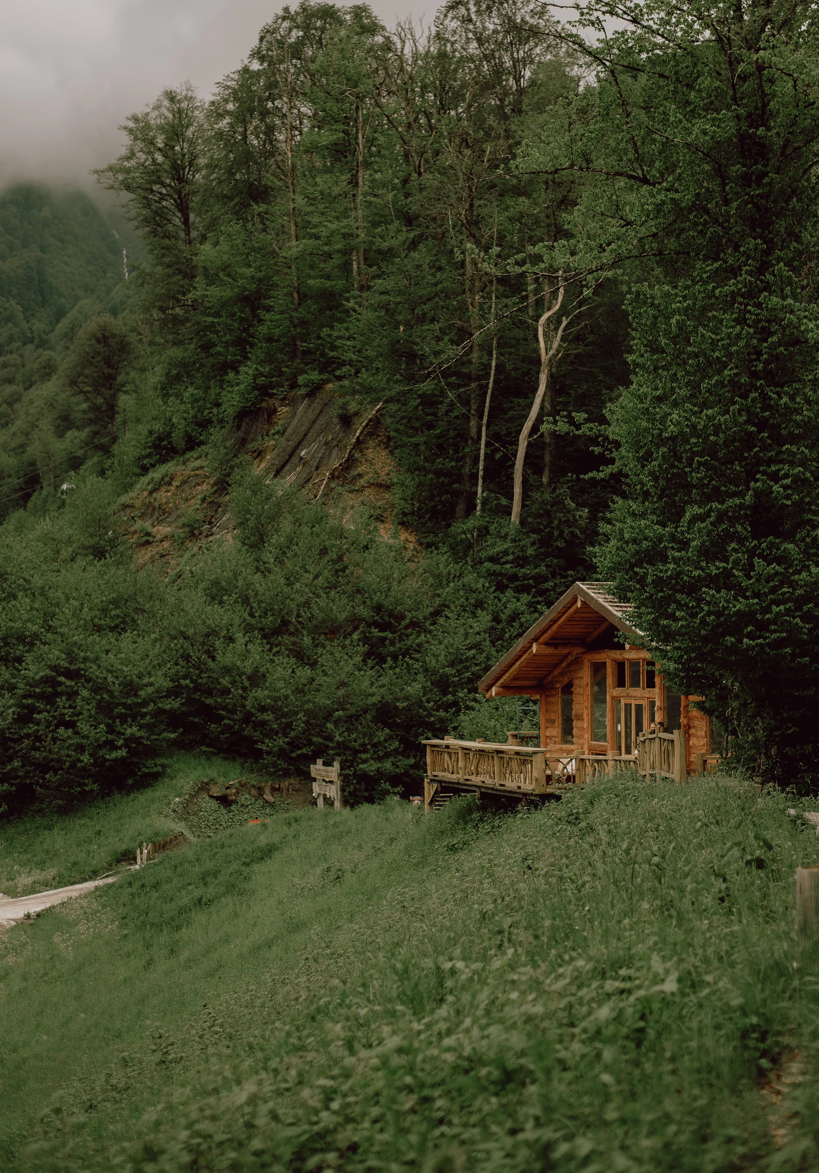 a small cabin sitting on top of a lush green hillside, a picture, unsplash, renaissance, 2000s photo, whistler, fantasy movie still, brown