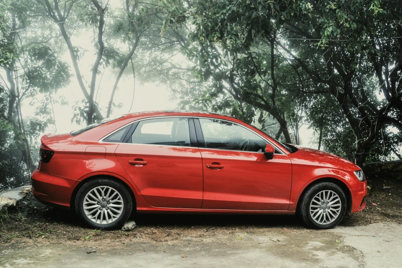 a red car parked on the side of the road, pexels contest winner, renaissance, aketan, 3/4 side view, rectangle, 4l