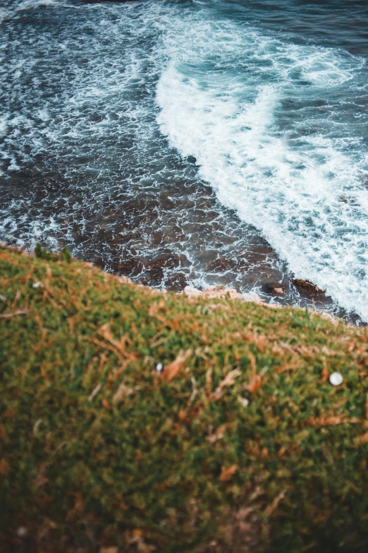 a man riding a surfboard on top of a lush green hillside, by Niko Henrichon, trending on unsplash, crashing waves and sea foam, laying down in the grass, grainy picture, small steps leading down