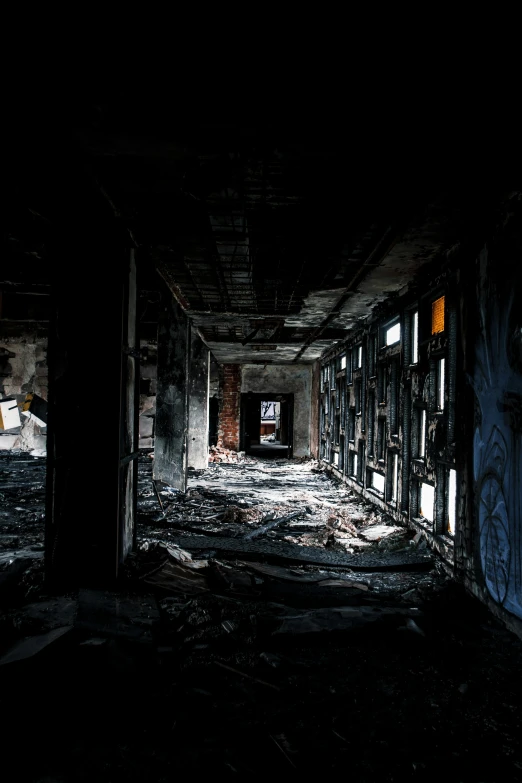 a dark room filled with lots of windows, unsplash contest winner, graffiti, smouldering charred timber, 4k destruction, hospital, dusty library