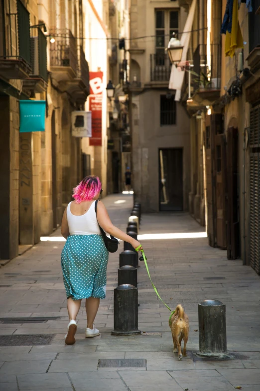 a woman walking a dog on a leash down a street, inspired by Modest Urgell, gothic quarter, dressed in colorful silk, facing away from camera, splento