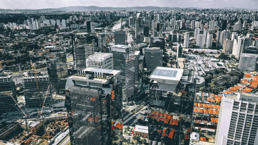 an aerial view of a city with tall buildings, pexels contest winner, hyperrealism, brazilian, glass buildings, rectangle, tech city in the background