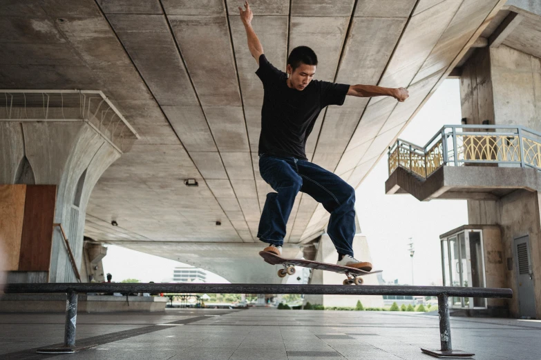 a man flying through the air while riding a skateboard, pexels contest winner, hyperrealism, bench, large overhangs, looking towards camera, architect