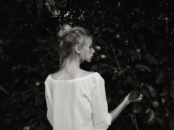 a woman standing in front of an apple tree, a black and white photo, unsplash, aestheticism, girl silver ponytail hair, blonde women, late summer evening, 15081959 21121991 01012000 4k