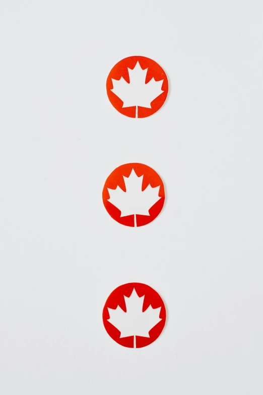 four canadian maple leaf stickers on a white background, by Paul Bird, graffiti, 1 9 7 3, triptych, round shapes, 1/500s