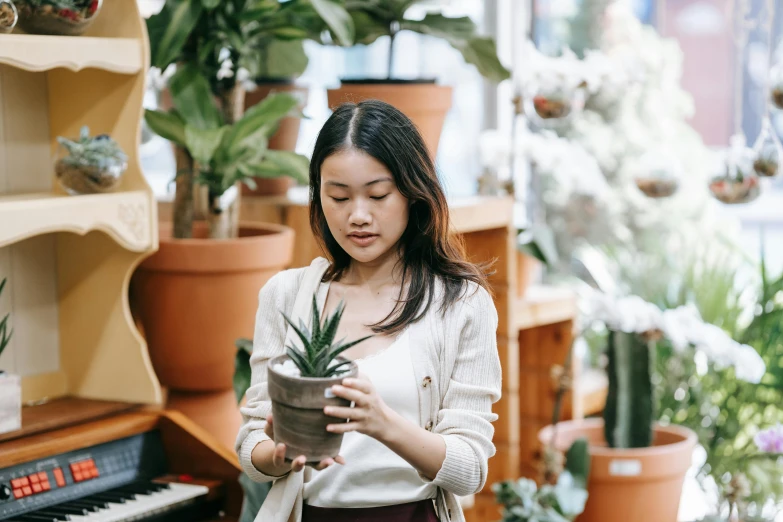 a woman holding a potted plant in front of a piano, pexels contest winner, quirky shops, concerned expression, sustainable materials, bromeliads