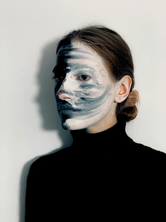 a woman with white paint on her face, inspired by Anna Füssli, distorted pose, black facemask, half face, instagram post