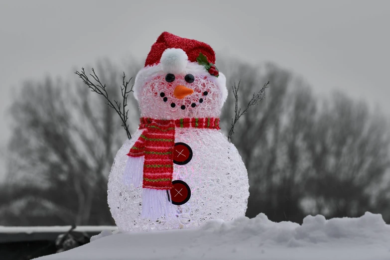 a snowman sitting on top of a pile of snow, it glows from the outside, slide show, red and white colors, led