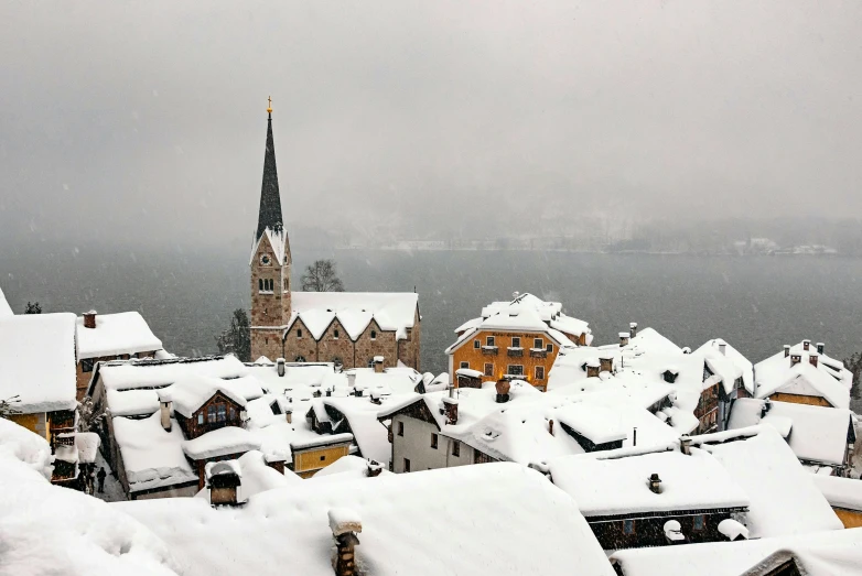 a city covered in snow next to a body of water, a photo, inspired by Karl Stauffer-Bern, pexels contest winner, renaissance, thatched roofs, 2000s photo, conde nast traveler photo, in the middle of a snow storm