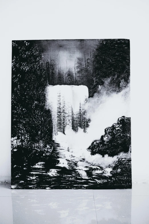 a black and white photo of a waterfall, a charcoal drawing, unsplash, modern european ink painting, acrylic paint on canvas, ((forest)), album cover, on canvas