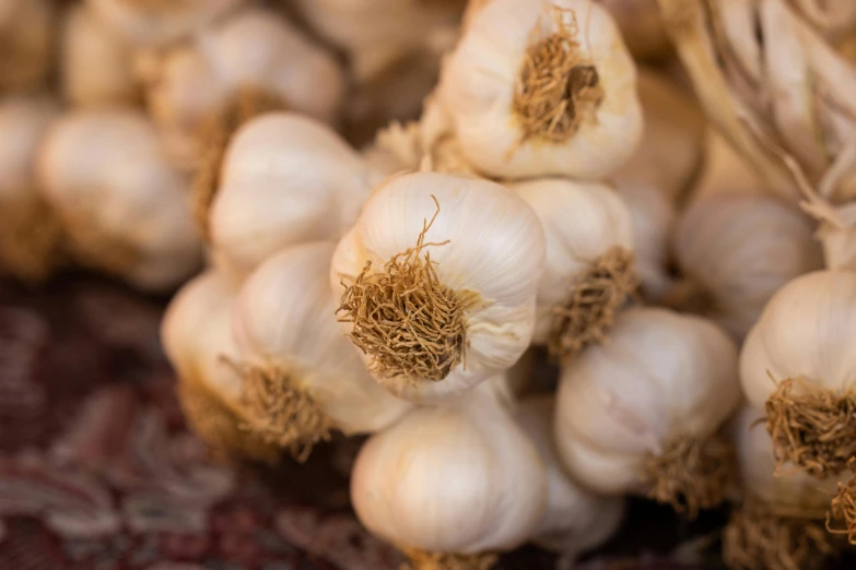 a bunch of garlic sitting on top of a table, a portrait, by Ellen Gallagher, pexels, hurufiyya, 1 6 x 1 6, medium close - up, festivals, beige