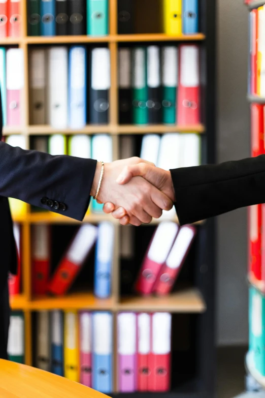two people shaking hands in an office, by Niko Henrichon, pexels contest winner, backdrop, bruce kaiser, thumbnail, multiple stories