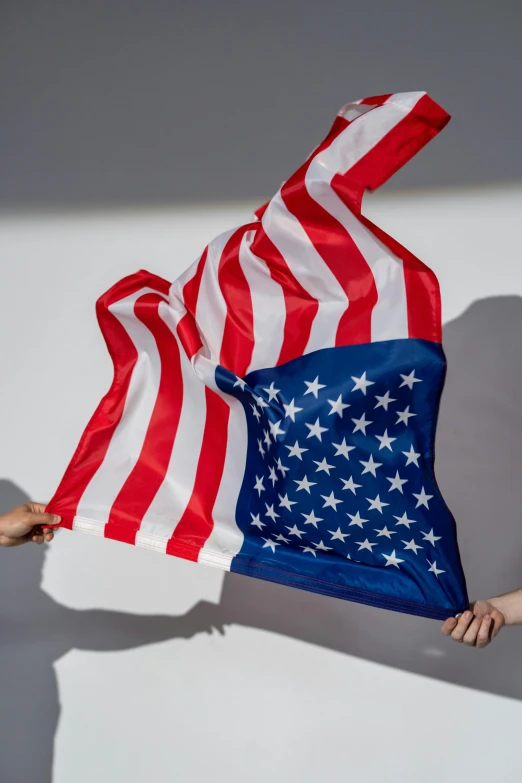 a woman holding an american flag in front of a white wall, an album cover, unsplash, ignant, navy flags, alex kanevsky, hands in air