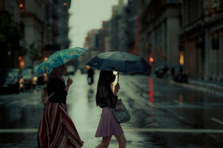 a couple of women walking across a street holding umbrellas, unsplash contest winner, hyperrealism, humid evening, two girls, drops