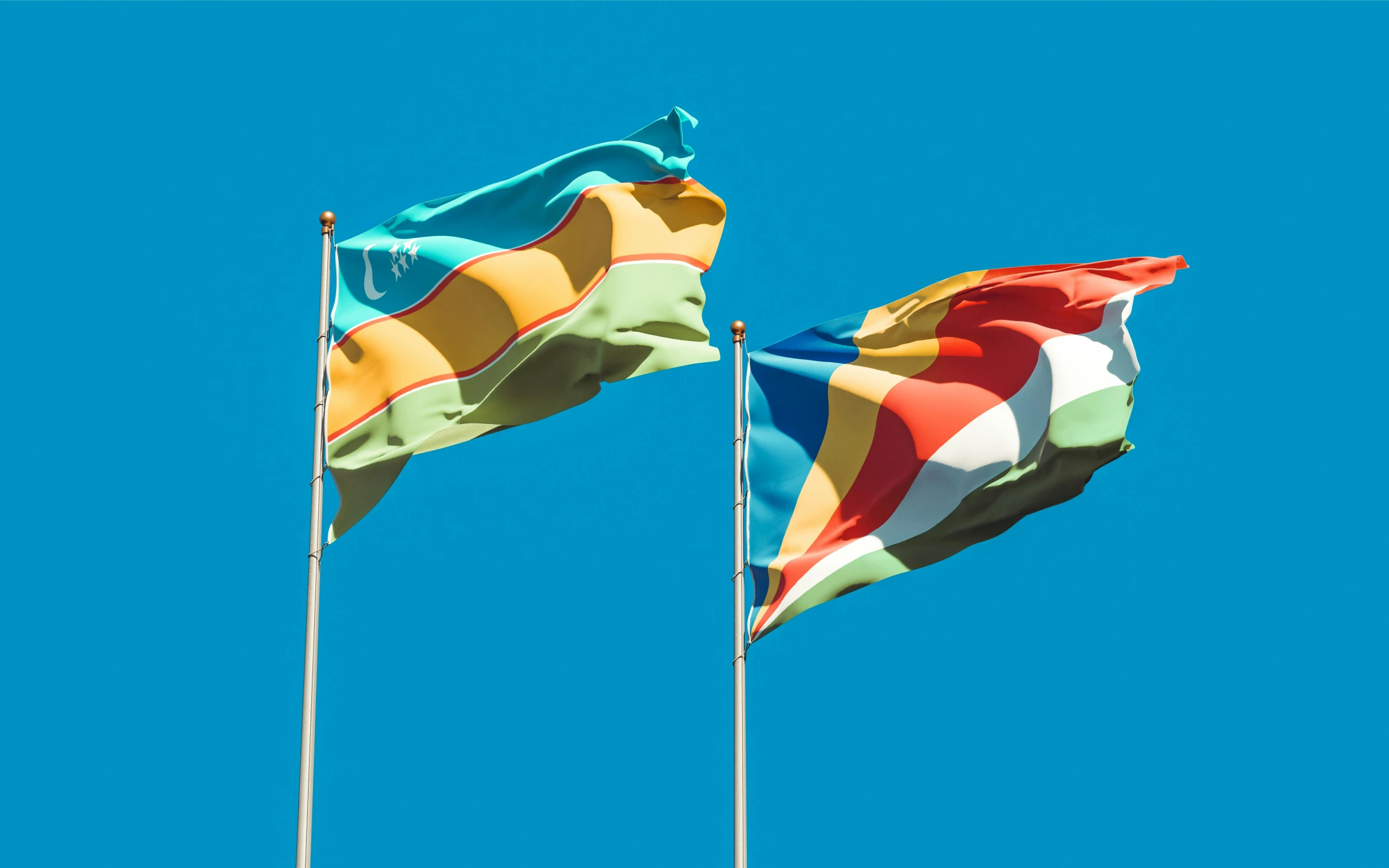 two flags flying side by side against a blue sky, by Julian Hatton, unsplash, pastel colourful 3 d, instagram post, multi - coloured, high resolution