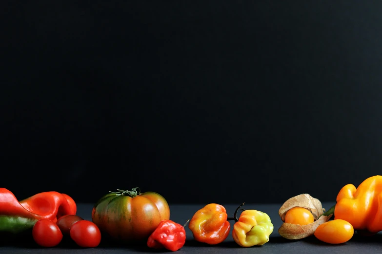 a row of peppers sitting on top of a table, a still life, by Dietmar Damerau, unsplash, also tomato, in front of a black background, background image, eating rotting fruit