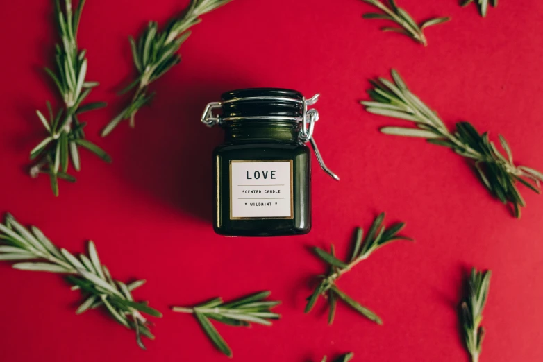 a jar of love candle surrounded by rosemary sprigs on a red background, by Emma Andijewska, olive green and venetian red, miniature product photo, olive oil, with a black dark background