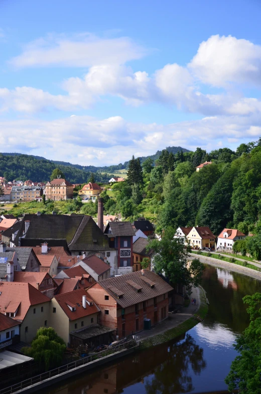 a river running through a small town next to a forest, a photo, by Werner Gutzeit, renaissance, tiled roofs, overlooking, tall spires, overlooking a valley with trees