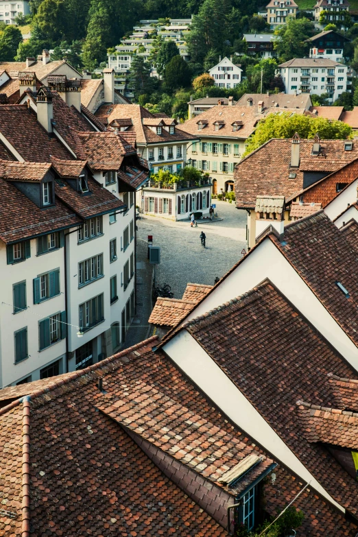 a view of a city from the top of a building, inspired by Karl Stauffer-Bern, pexels contest winner, renaissance, tiled roofs, shady alleys, brown, square