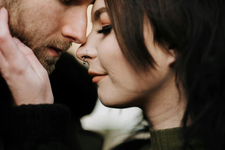 a man and a woman looking into each other's eyes, trending on pexels, nose piercing, thumbnail, jovana rikalo, closed up portrait