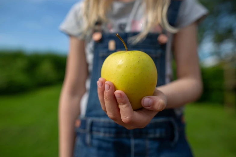 a close up of a person holding an apple, inspired by Elsa Beskow, pexels contest winner, yellow, 15081959 21121991 01012000 4k, teenager girl, denim