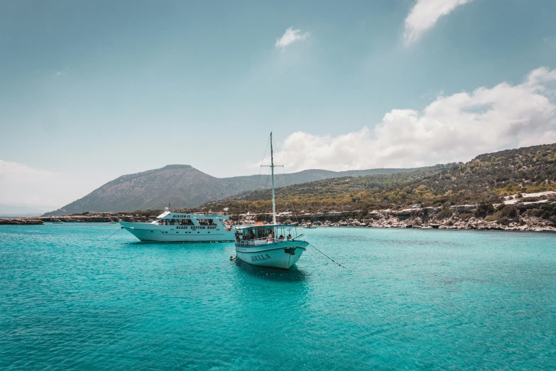 a couple of boats floating on top of a body of water, by Alexis Grimou, pexels contest winner, hurufiyya, turquoise, alexandros pyromallis, high quality product image”, lachlan bailey