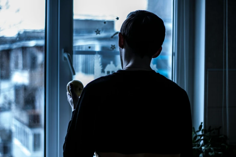 a man that is standing in front of a window, inspired by Elsa Bleda, pexels contest winner, realism, teenage boy, view from back, an intruder, late morning