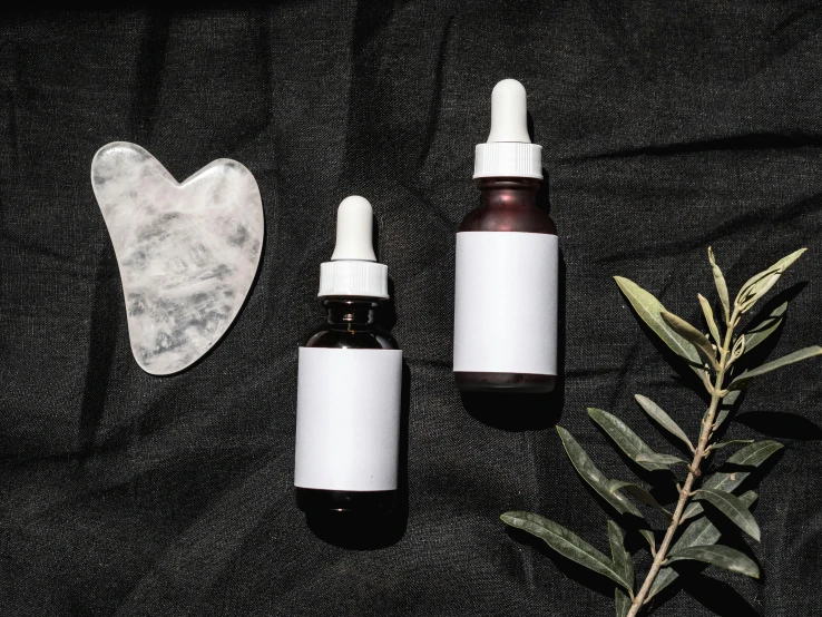 a bottle of essential oil next to a leaf, a black and white photo, by Julia Pishtar, trending on pexels, two hovering twin nuns, face accessories, white moon and black background, small vials and pouches on belt