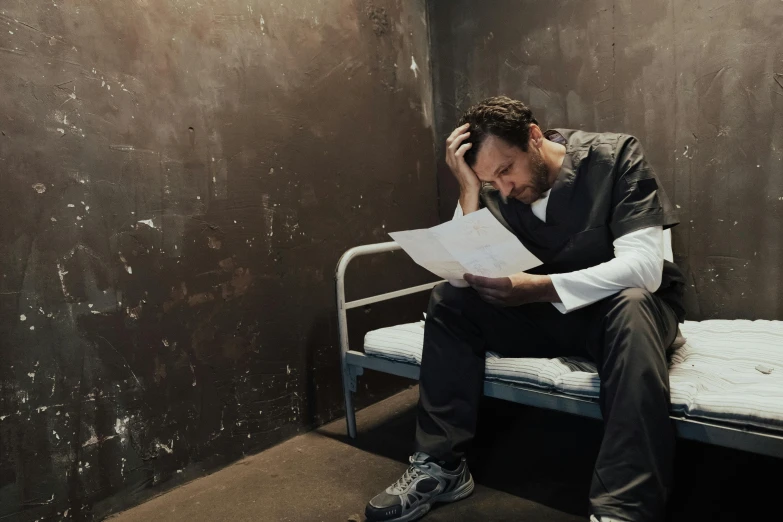 a man sitting on a bed reading a piece of paper, prison cell, profile image, charlie day, mental health